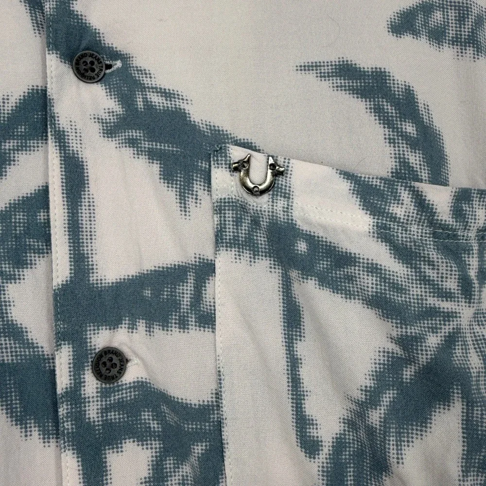 True Religion Mens Palm Tree Print Camp Collar Short Sleeve Shirt White Blue